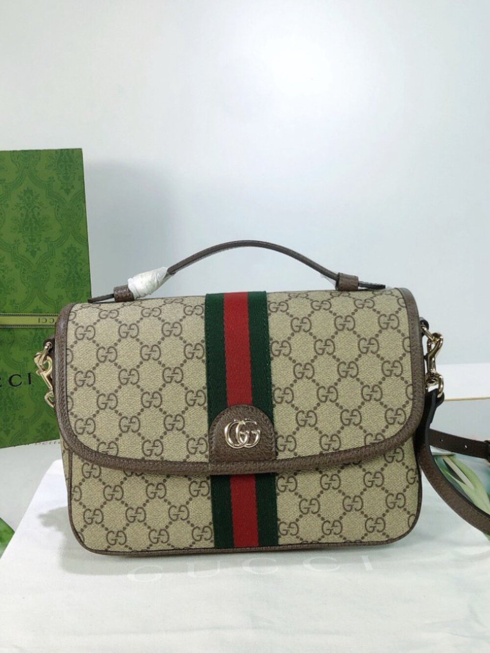 Ophidia medium top handle bag in beige and brown GG fabric